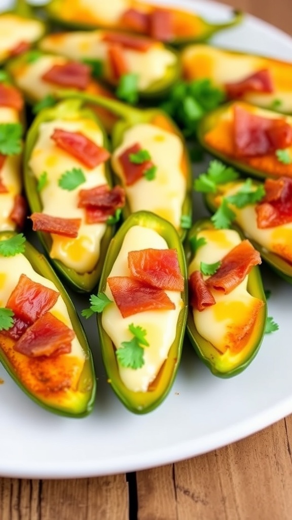 A close-up of jalapeño poppers stuffed with cream cheese and bacon, garnished with parsley on a wooden table.
